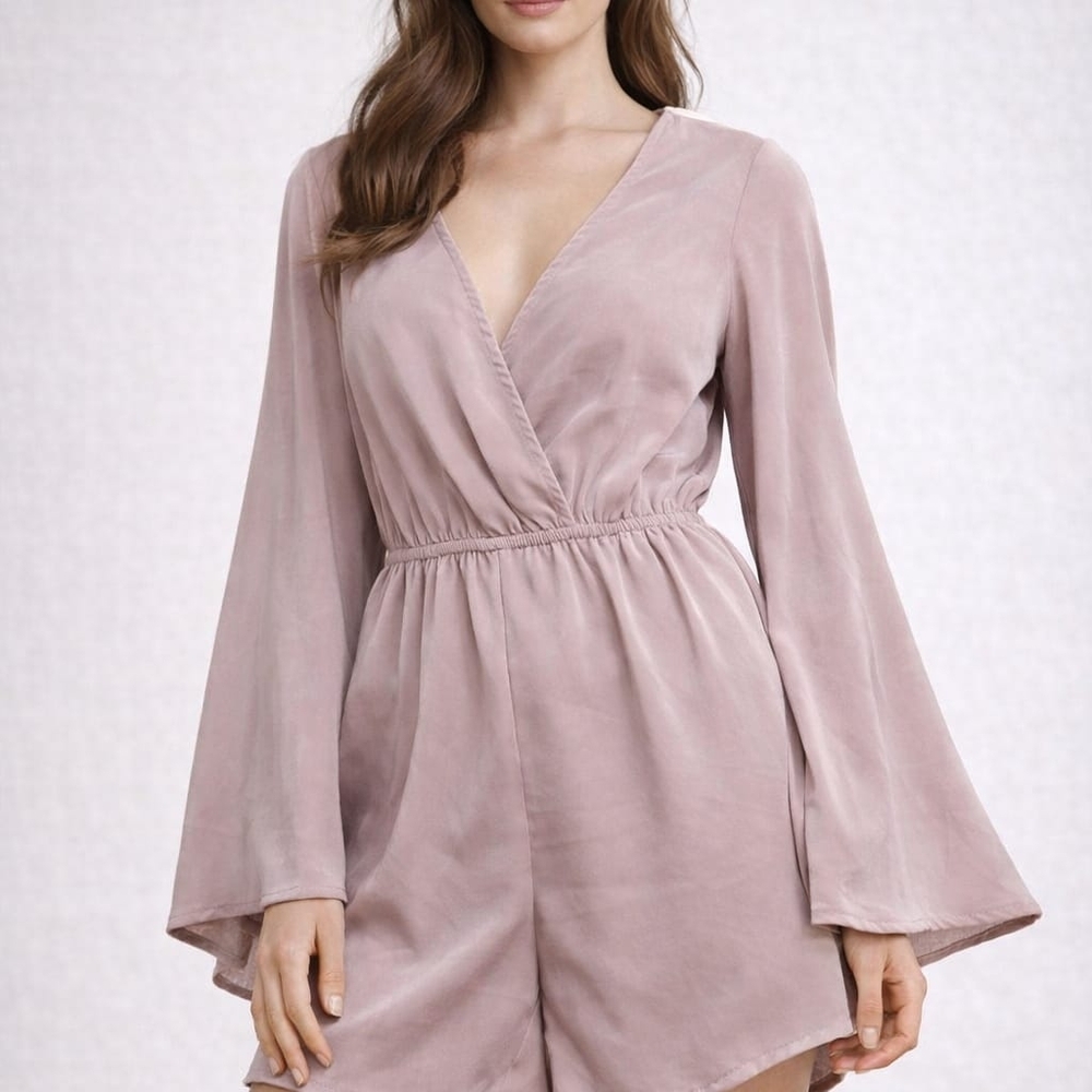 Dainty Hooligan Blush Pink Chiffon Romper Bell Sleeve V-Neck M USA